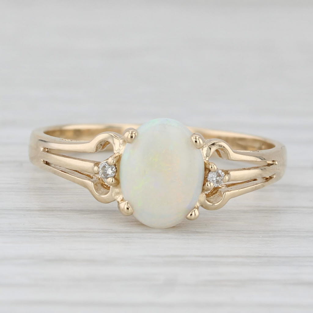 Light Gray Oval Opal Cabochon Diamond Ring 14k Yellow Gold Size 7