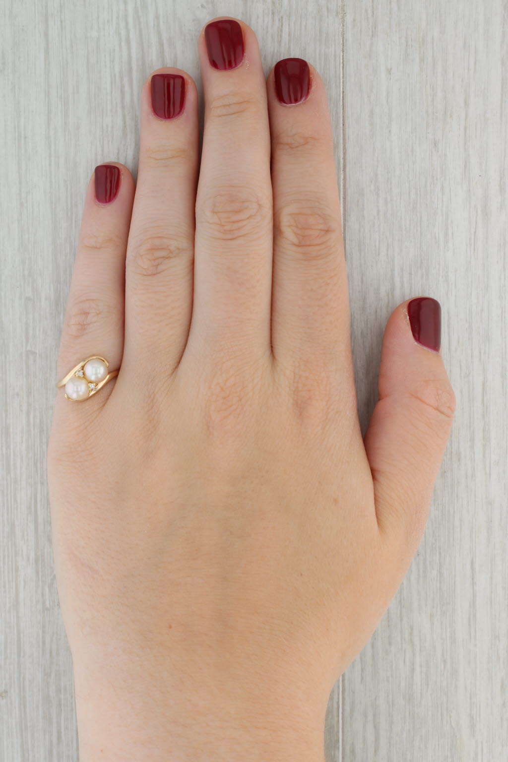 Tan 2 Stone Cultured Pearl Bypass Diamond Ring 10k Yellow Gold Size 6.25