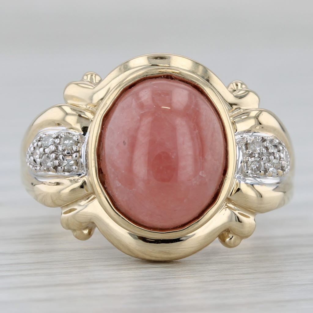 Gray Red Rhodochrosite Cabochon Diamond Ring 14k Yellow Gold Size 9.25