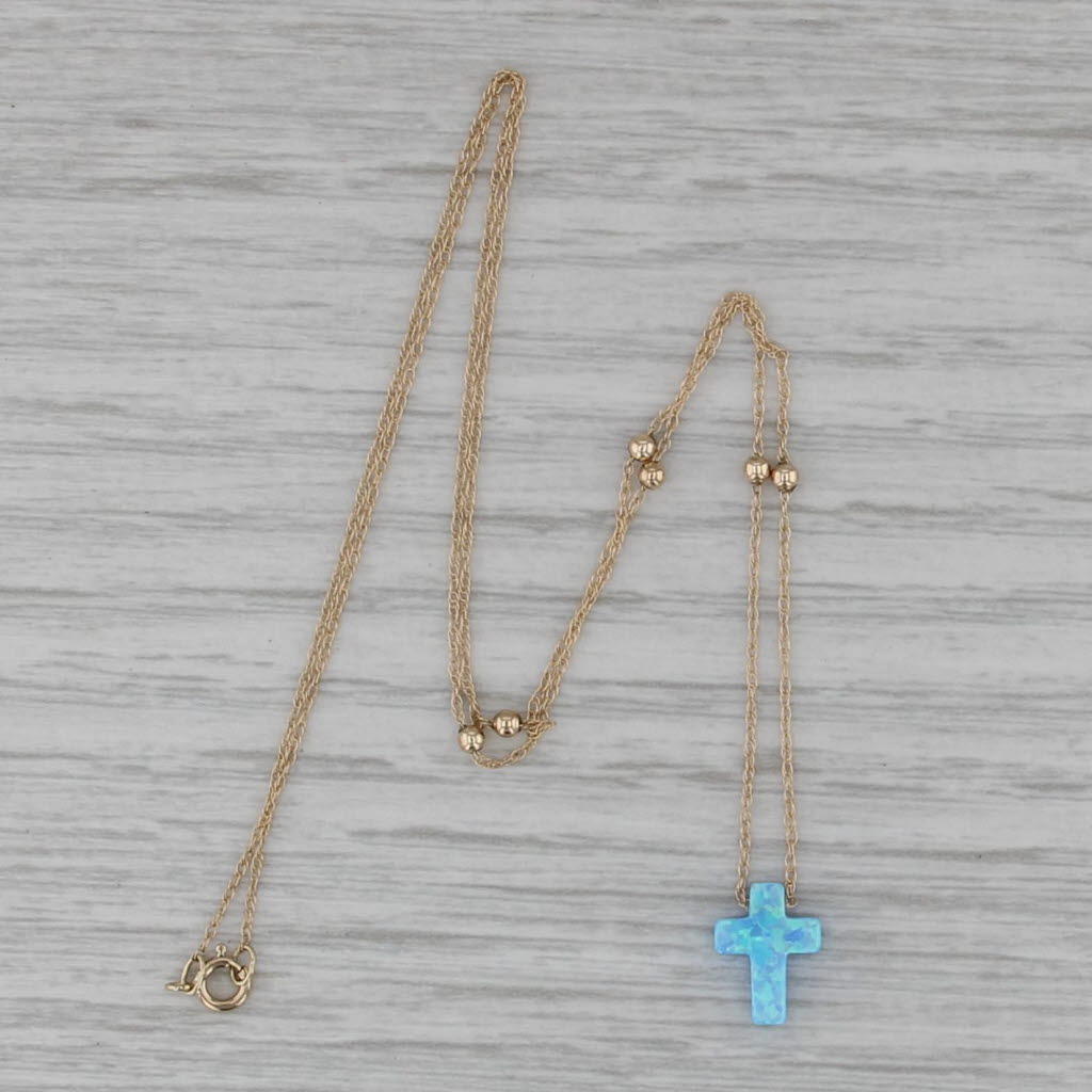 Carved Lab Created Opal Cross Pendant Necklace 14k Gold Bead Stations 16.25"