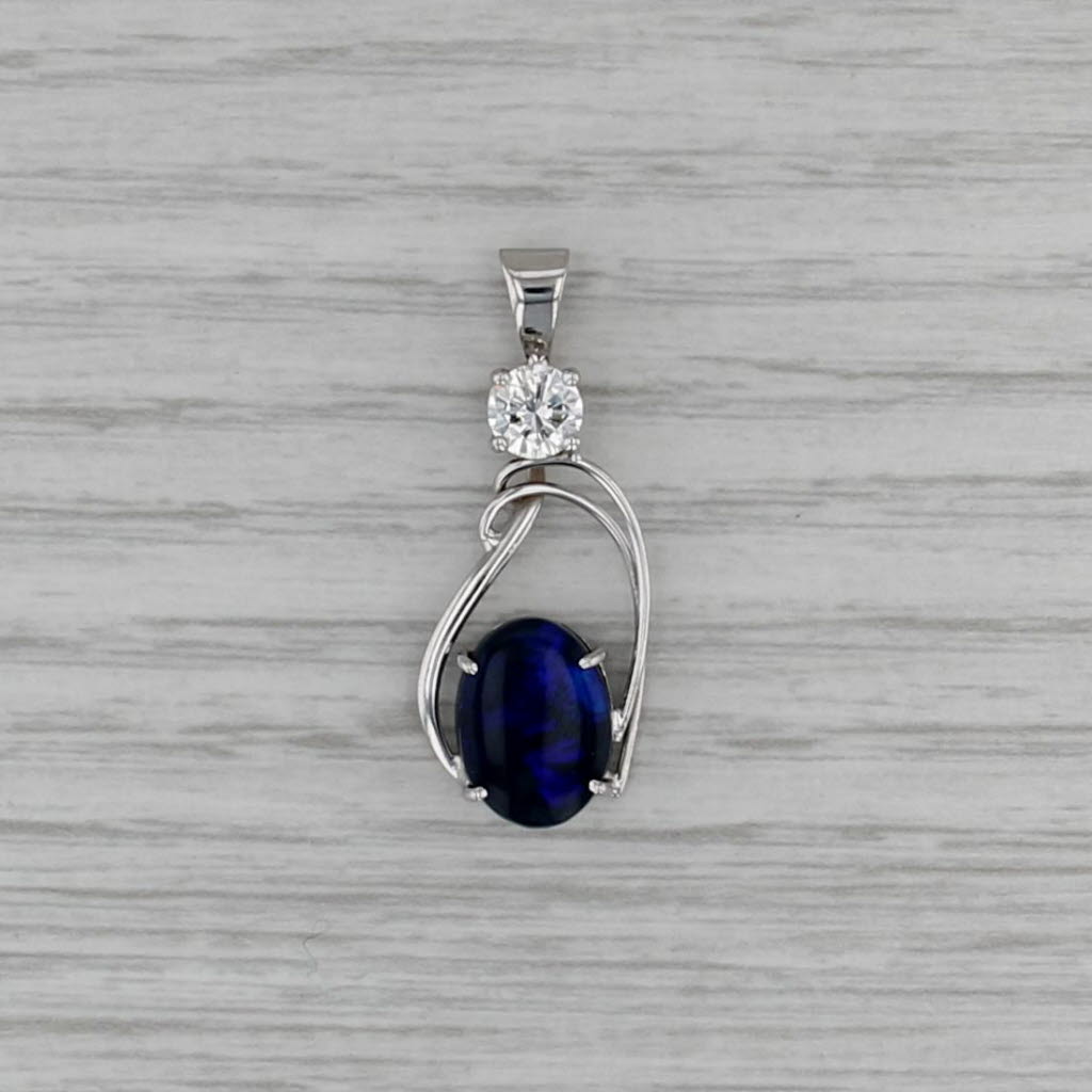 Blue Black Opal Cabochon 0.42ct Diamond Pendant 10k White Gold