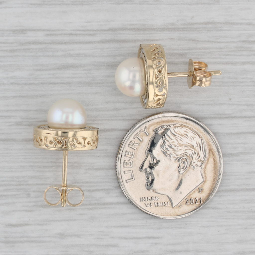 Gray Cultured Pearl 0.20ctw Diamond Halo Stud Earrings 14k Yellow Gold
