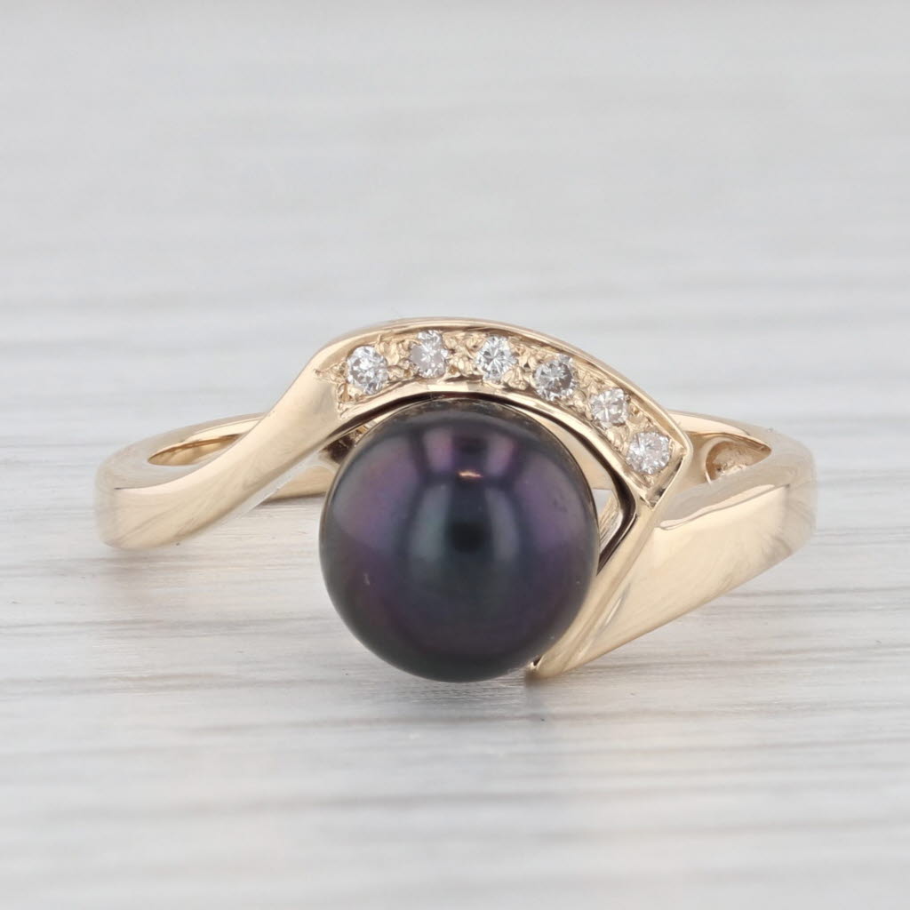 Light Gray Black Cultured Pearl Diamond Ring Bypass Ring 14k Yellow Gold size 6.25
