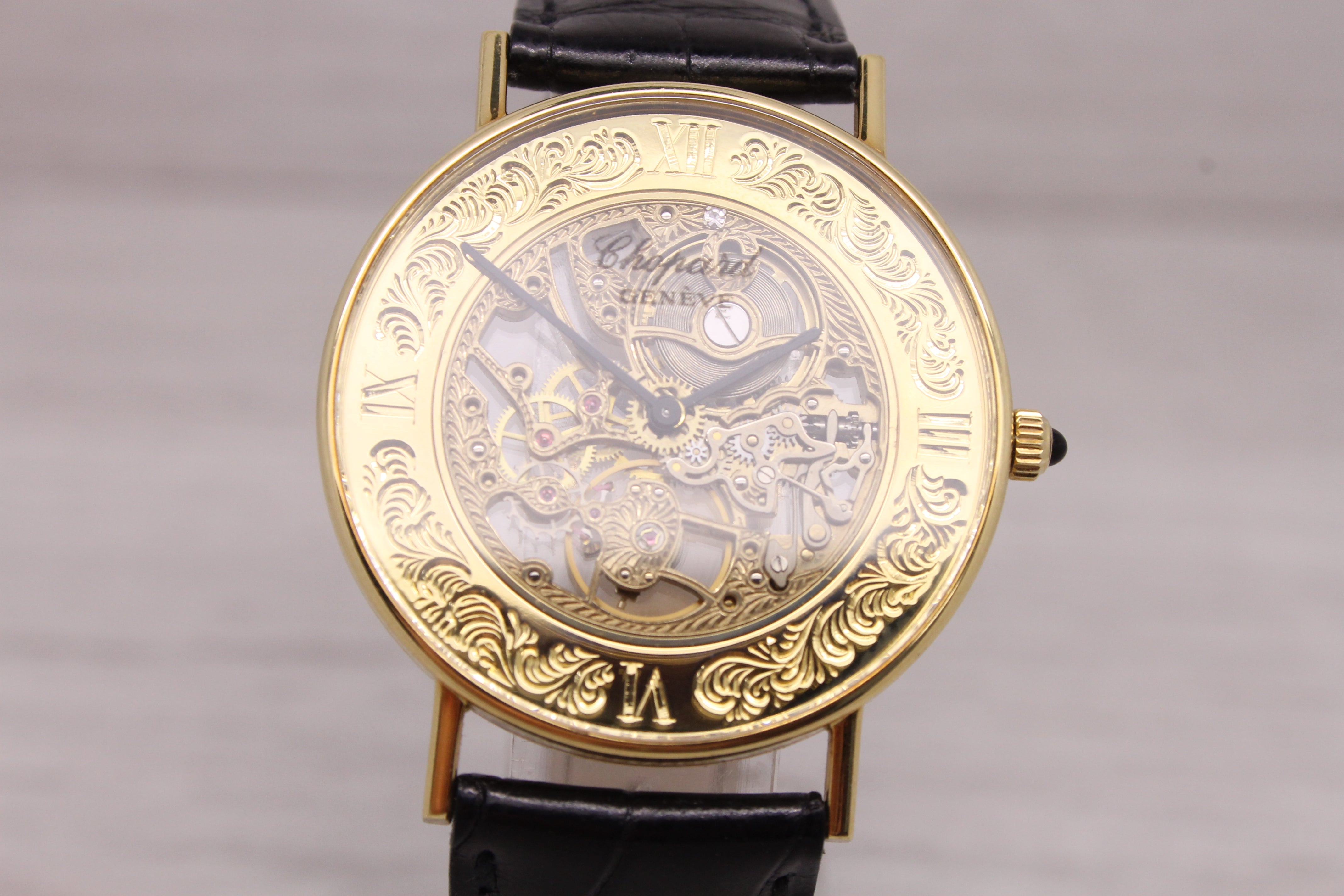 Gray Vintage Chopard 18k Yellow Gold Skeleton Watch ref.161032 w Box & Band Very Rare