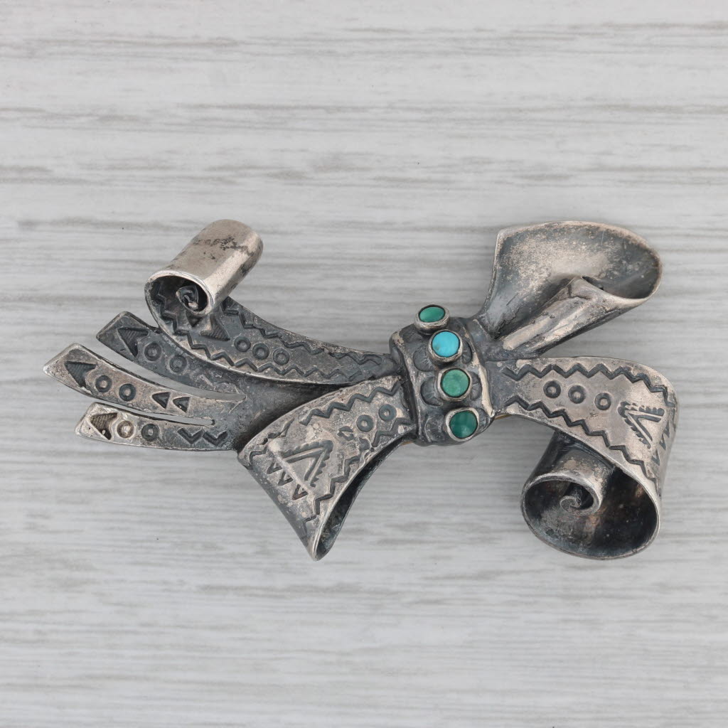 Gray Vintage Turquoise Bow Brooch Sterling Silver Native American Statement Pin