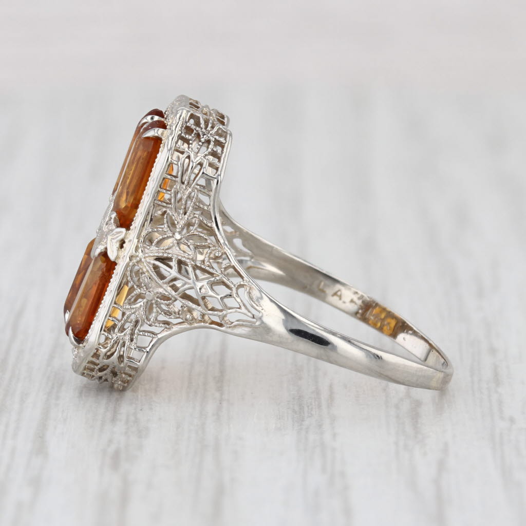 Vintage Art Deco 2.30ctw Citrine Diamond Filigree Ring 14k White Gold Size 10
