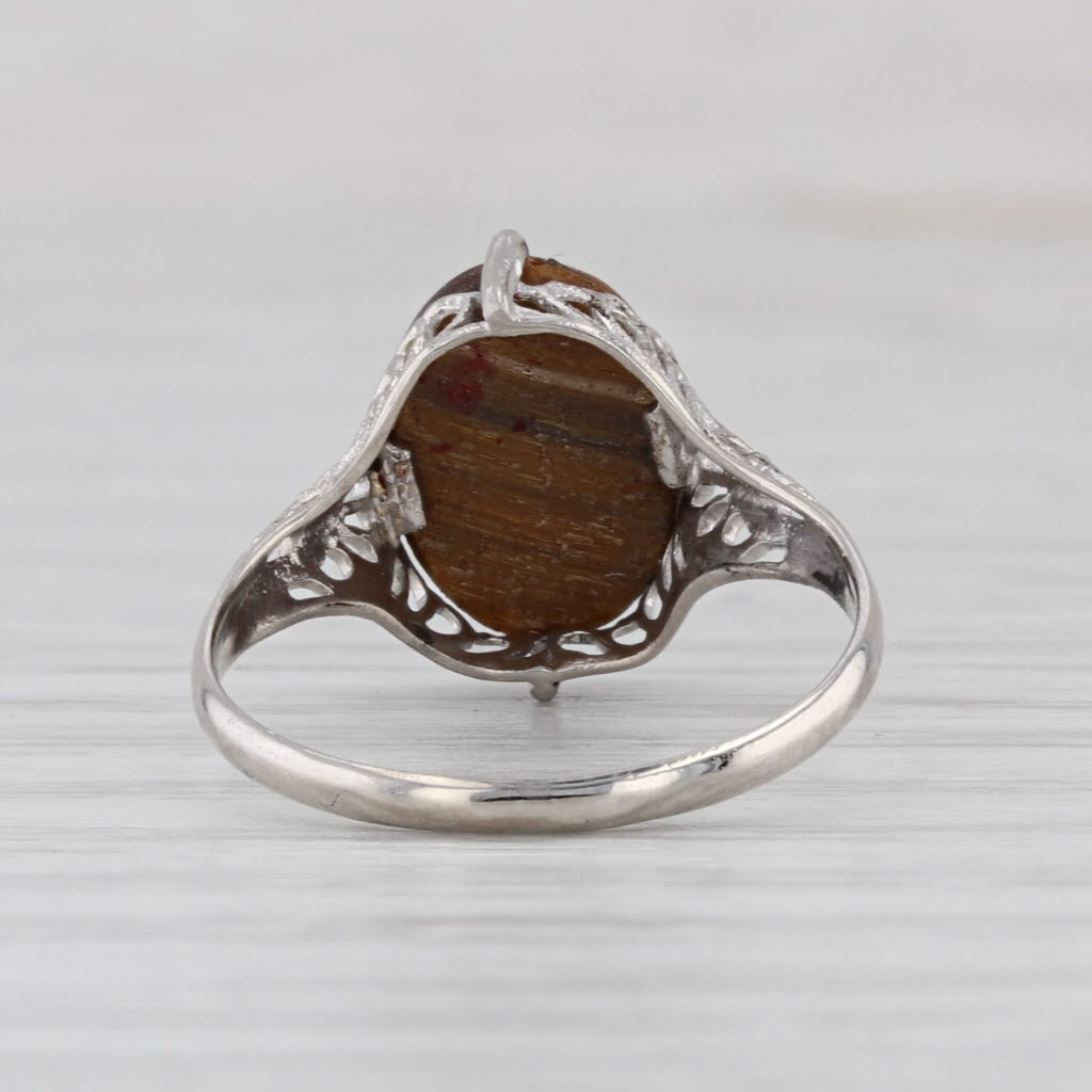 Vintage Tiger's Eye Filigree Ring 14k White Gold Size 6.25