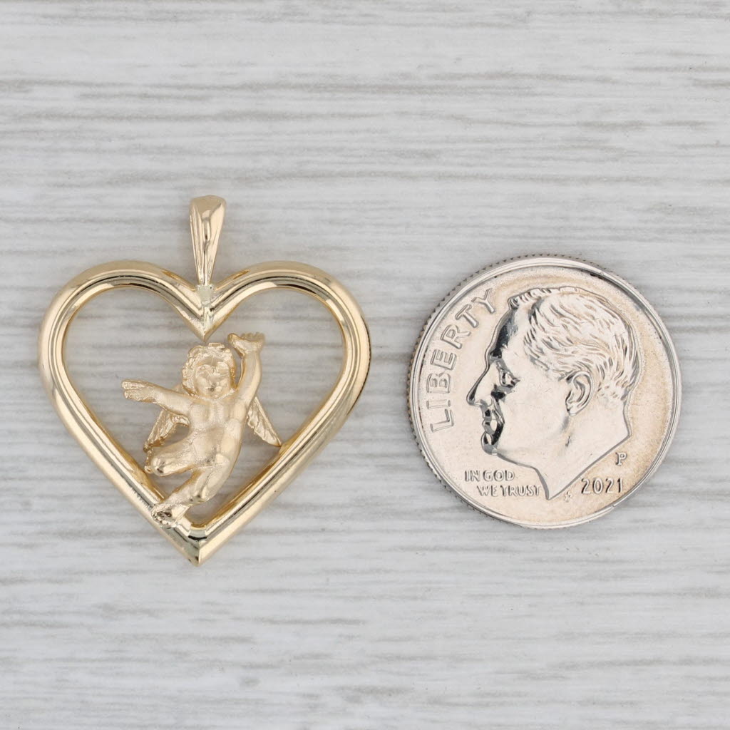 Gray Cherub Heart Pendant 14k Yellow Gold Guardian Angel