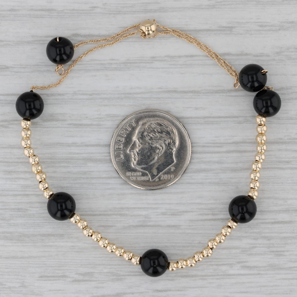 Gray New Onyx Bead Bolo Bracelet 14k Yellow Gold 8.25" Adjustable Rope Chain