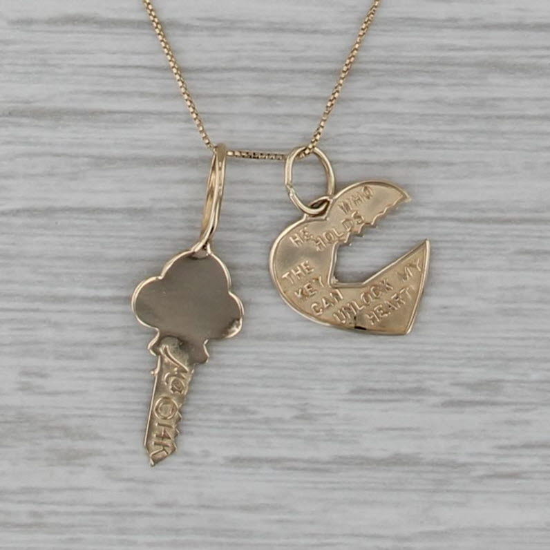 Heart & Key Pendant Necklace 14k Yellow Gold 17" Box Chain