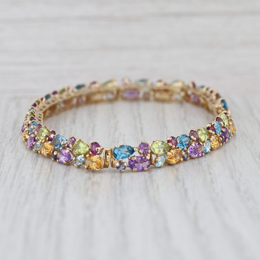 13.09ctw Gemstone Tennis Bracelet 14k Gold 8" Tanzanite Topaz Amethyst Peridot