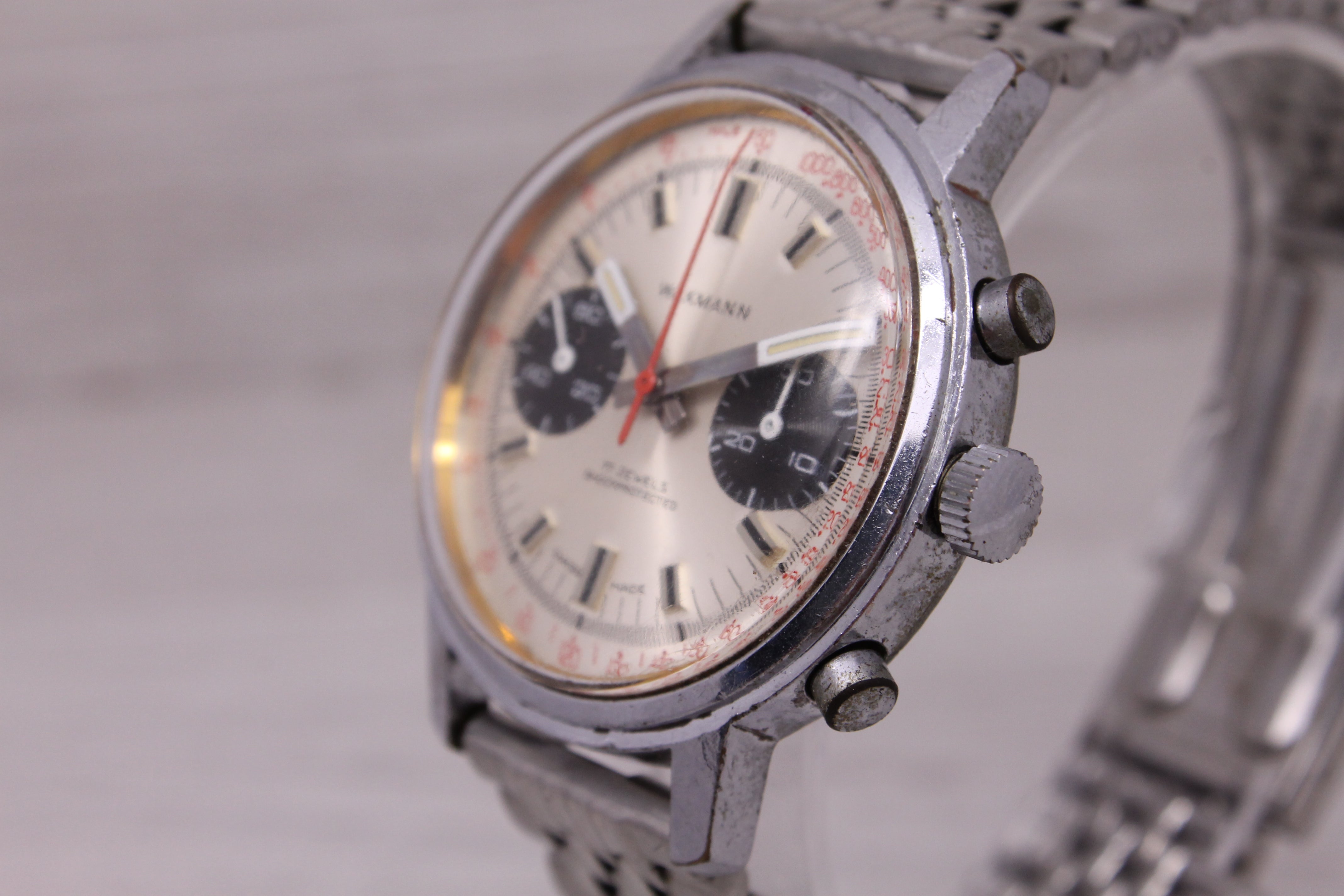 Rosy Brown Vintage Wakmann Mens 37mm Steel Back Chronograph Watch Valjoux 23 Panda Dial