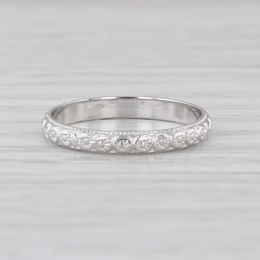 Art Deco Die Struck Floral Pattern Ring 18k White Gold Sz 5.5-5.75 Wedding Band