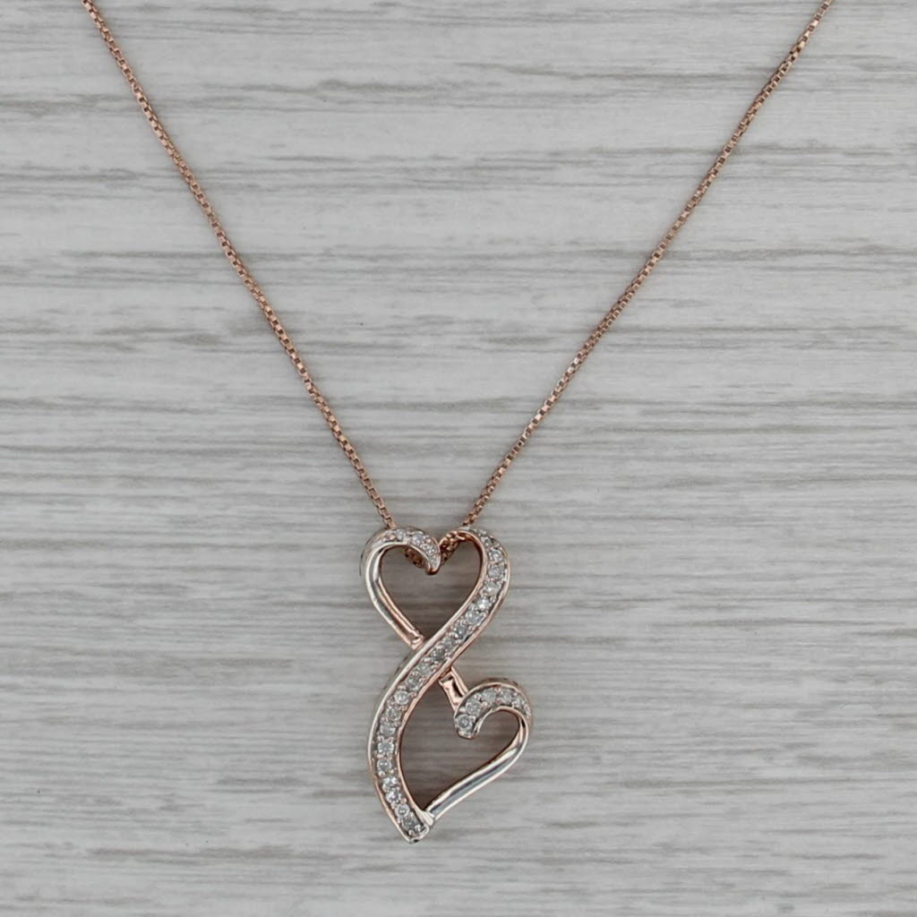 Diamond Interlocking Hearts Pendant Necklace Sterling Silver Rose Gold Plating