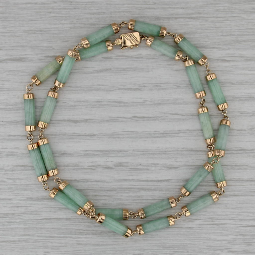 Linked Jadeite Jade Tube Bead Necklace 14k Yellow Gold 18.75" 4mm