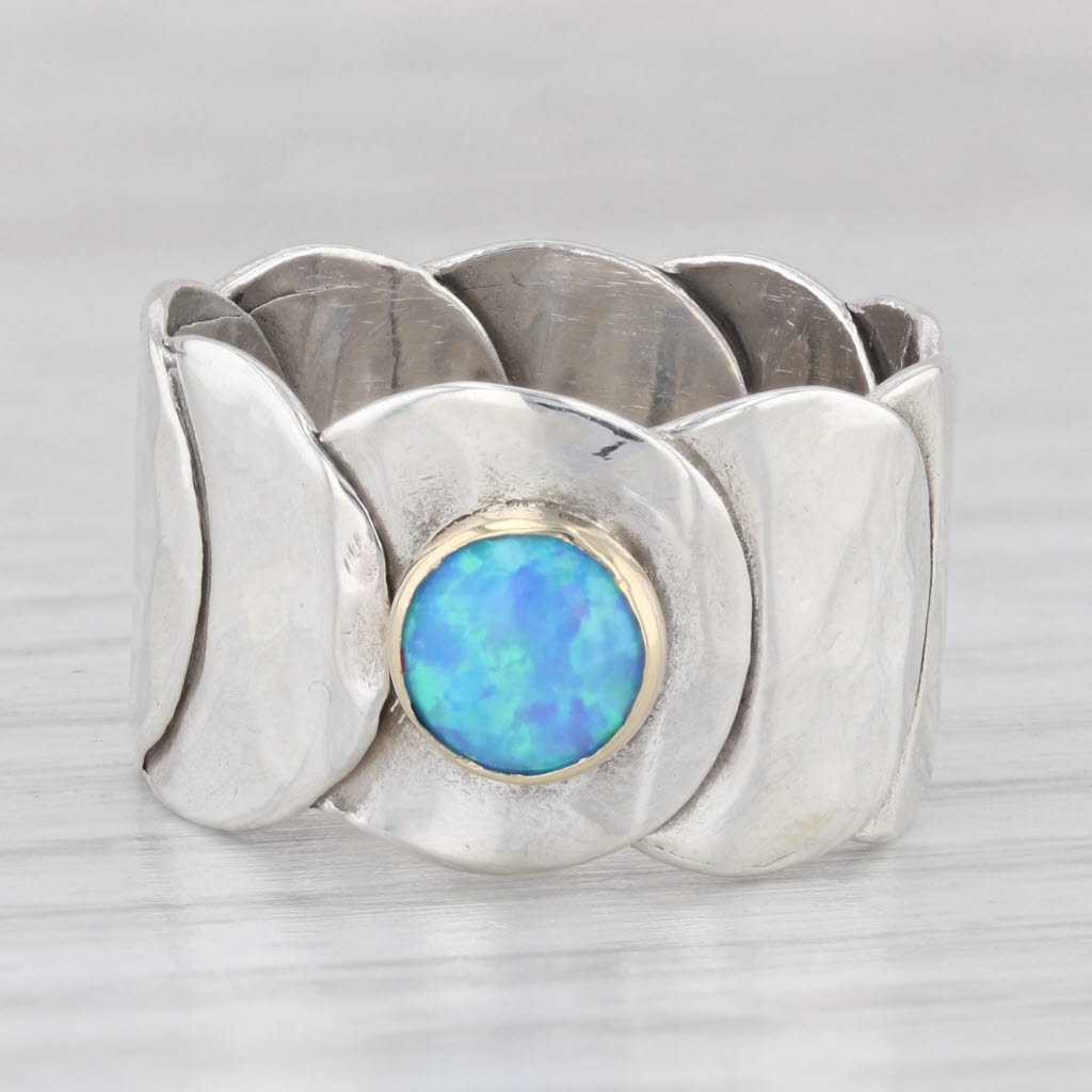 Light Gray Lab Created Blue Opal Statement Ring Sterling Silver 14k Gold Artisan Signed