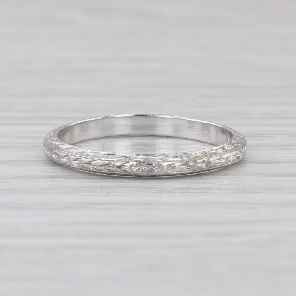 Belias Art Deco Wheat Etched Wedding Band 18k White Gold Stackable Ring Size 7.5