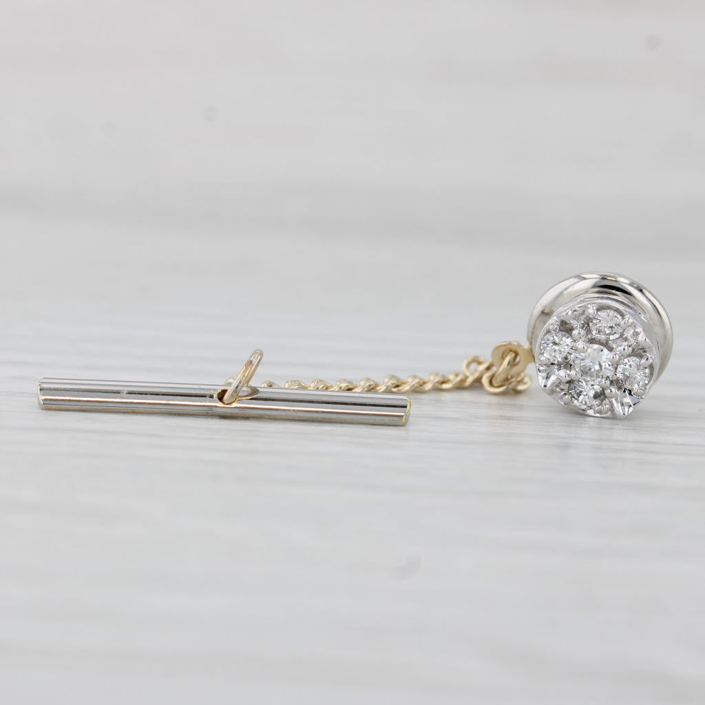 Light Gray 0.25ctw Diamond Cluster Tie Tac Pin 14k White Gold Push Back w/ Chain