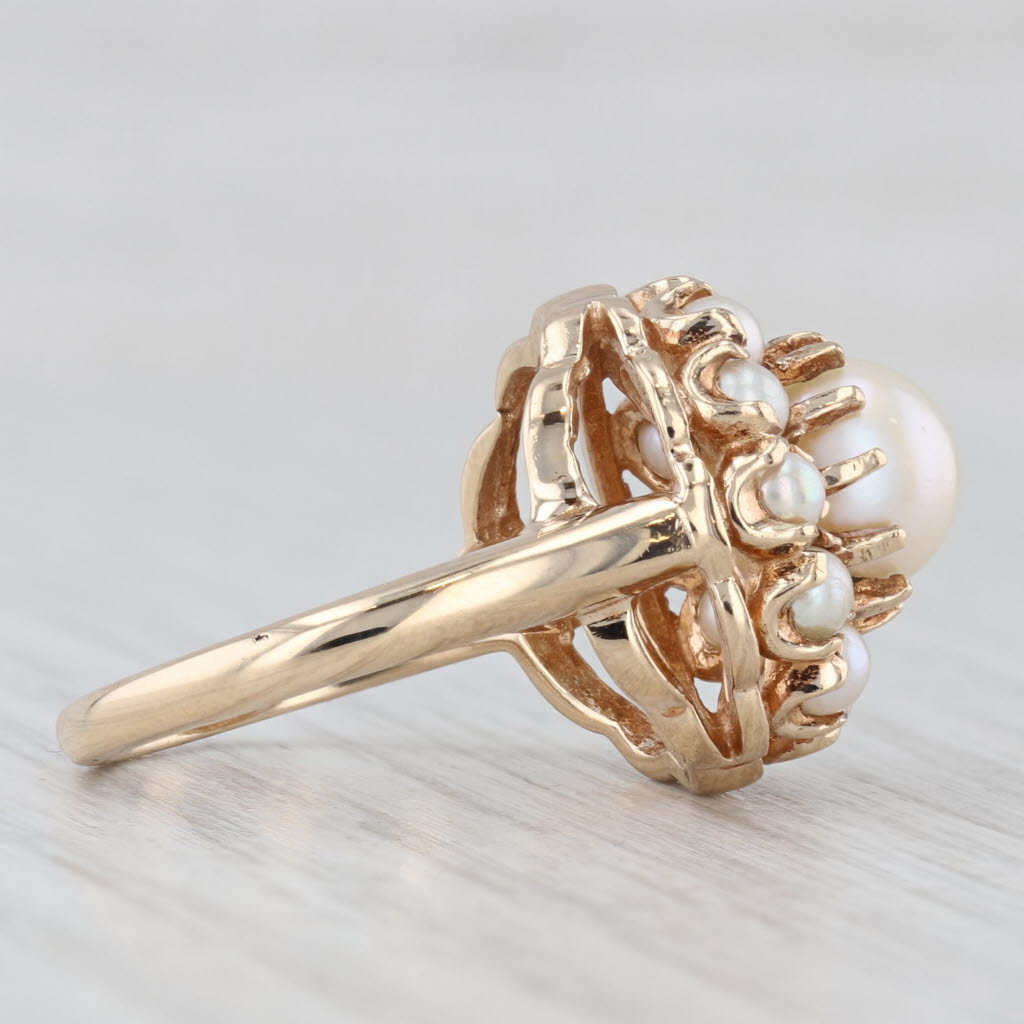 Vintage Cultured Pearl Halo Ring 14k Yellow Gold Size 7 Cocktail
