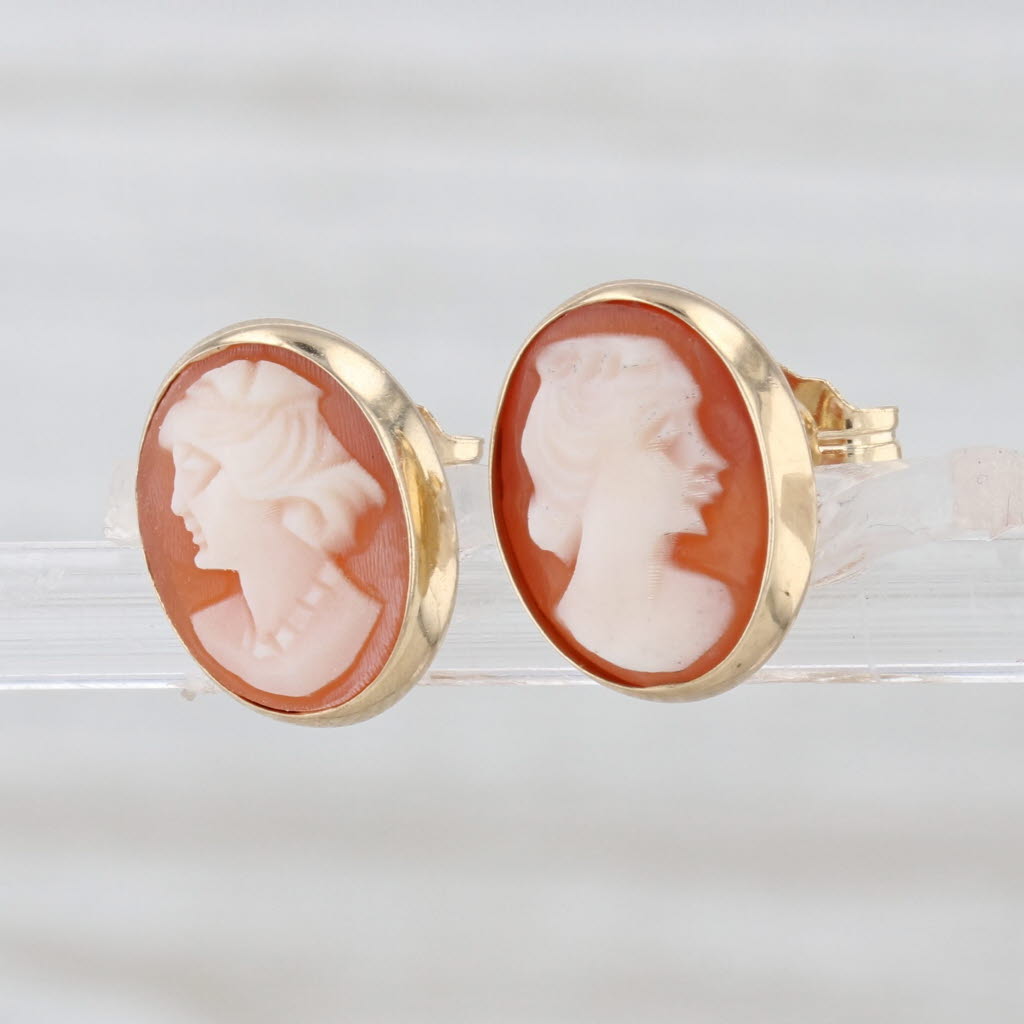 Carved Shell Cameo Stud Earrings 14k Yellow Gold Figural Studs