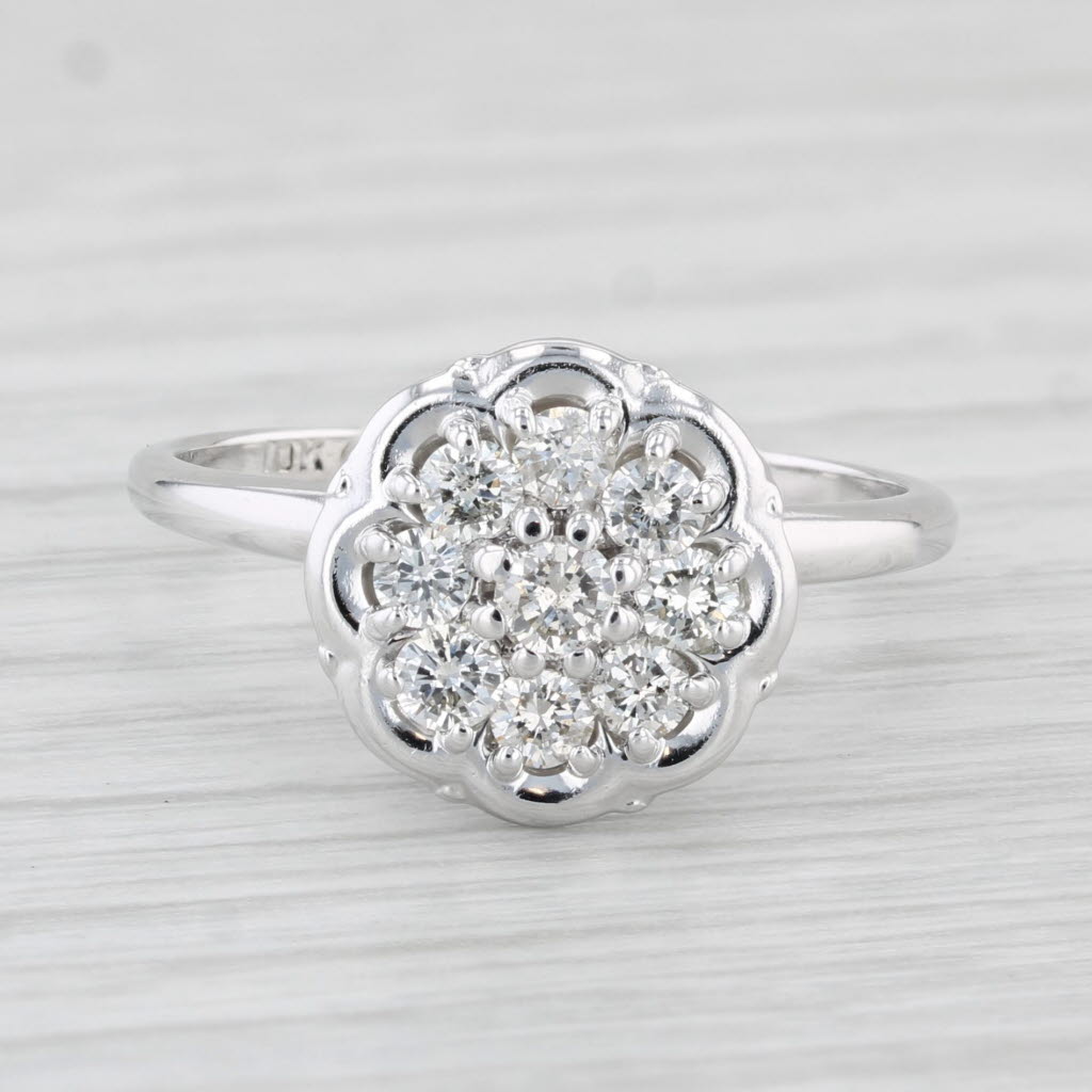 Light Gray 0.44ctw Diamond Cluster Ring 10k White Gold Vintage Engagement Size 7.5