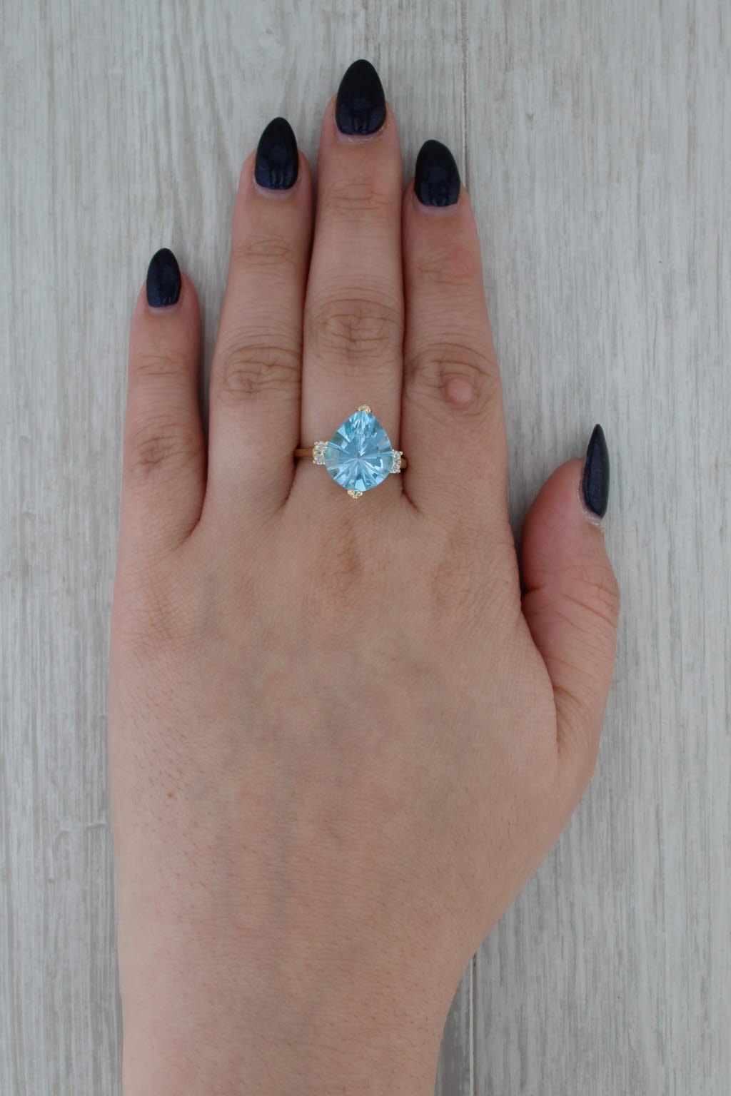 9.62ctw Pear Blue Topaz Diamond 14k Yellwo Gold Size 9.5 Cocktail