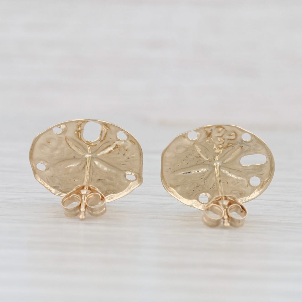 Light Gray Sand Dollar Stud Earrings 14k Yellow Gold Nautical Jewelry