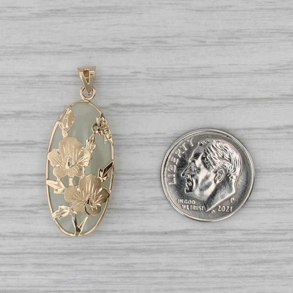 Green Nephrite Jade Flower Pendant 14k Yellow Gold Oval Drop