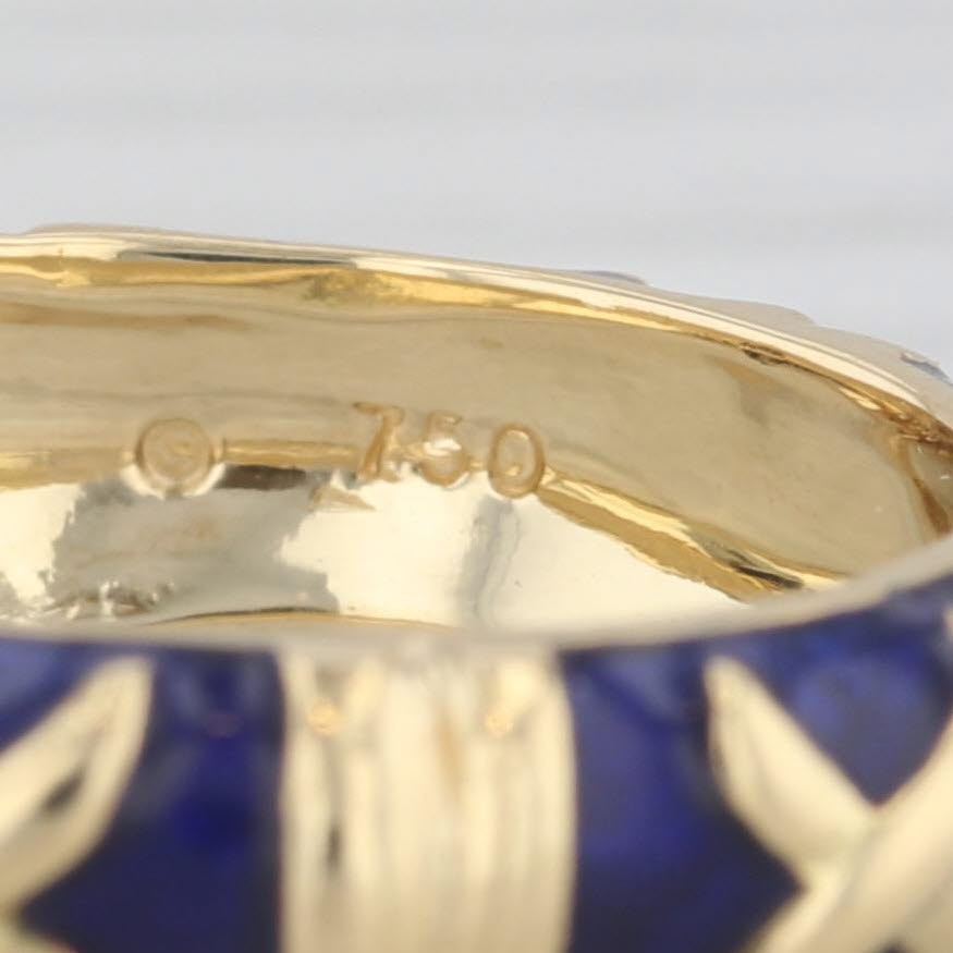 Gray Stackable Blue Enamel X Pattern Ring 18k Yellow Gold Band