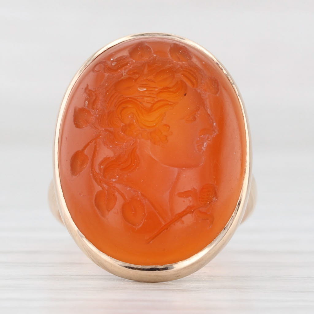Light Gray Vintage Carved Orange Glass Intaglio Ring 10k Yellow Gold Size 4
