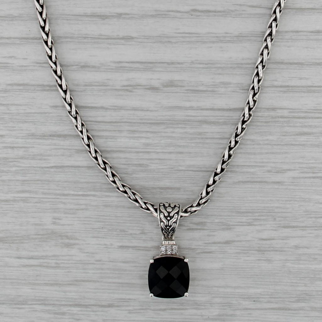 Effy Onyx Diamond Pendant Wheat Chain Necklace Sterling Silver 18"