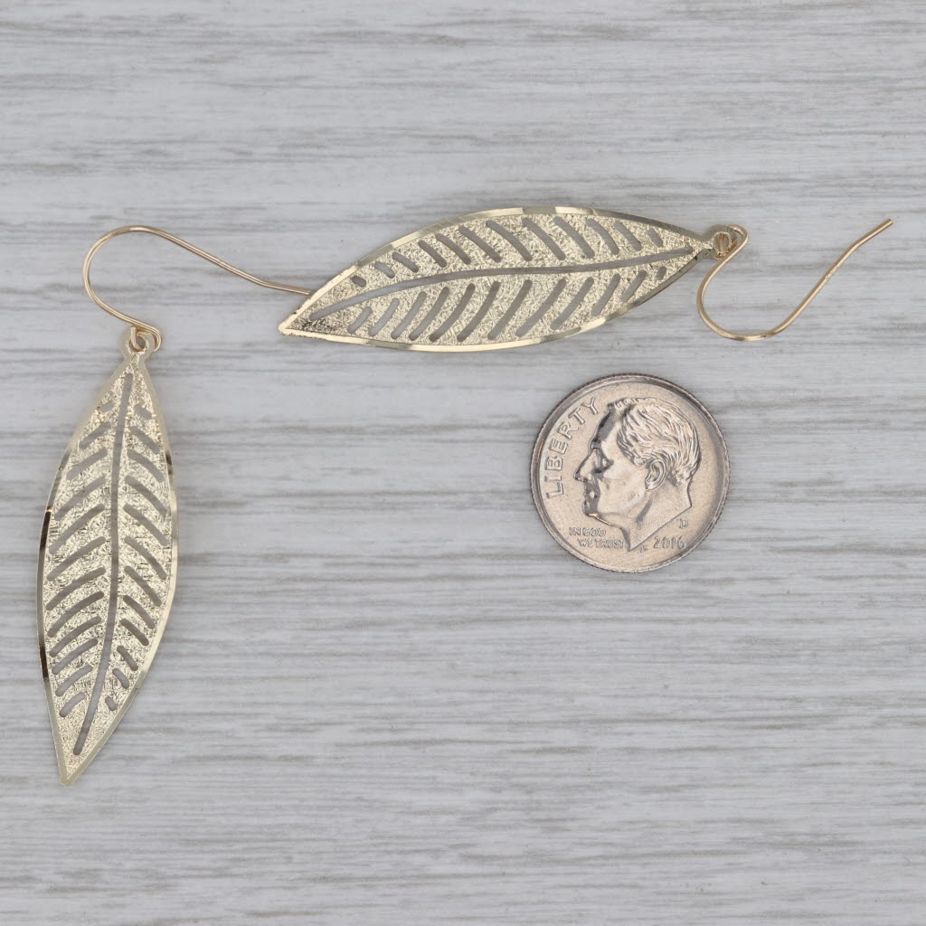 Gray Long Leaf Dangle Earrings 14K Yellow Gold Hook Posts
