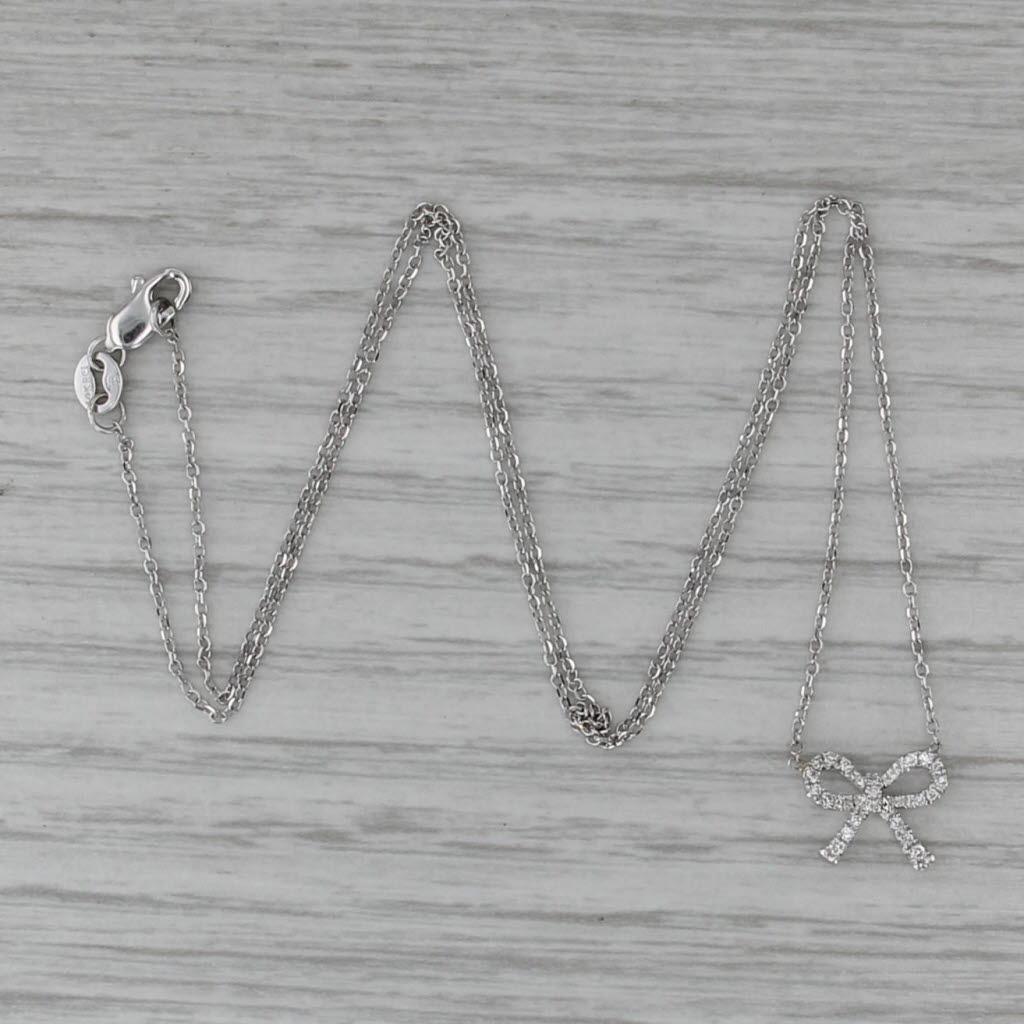 Diamond Bow Pendant Necklace 14k White Gold Cable Chain 16.25"