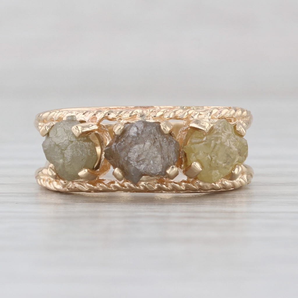 Rough Cut Diamond 3-Stone Ring 14k Yellow Gold Size 6