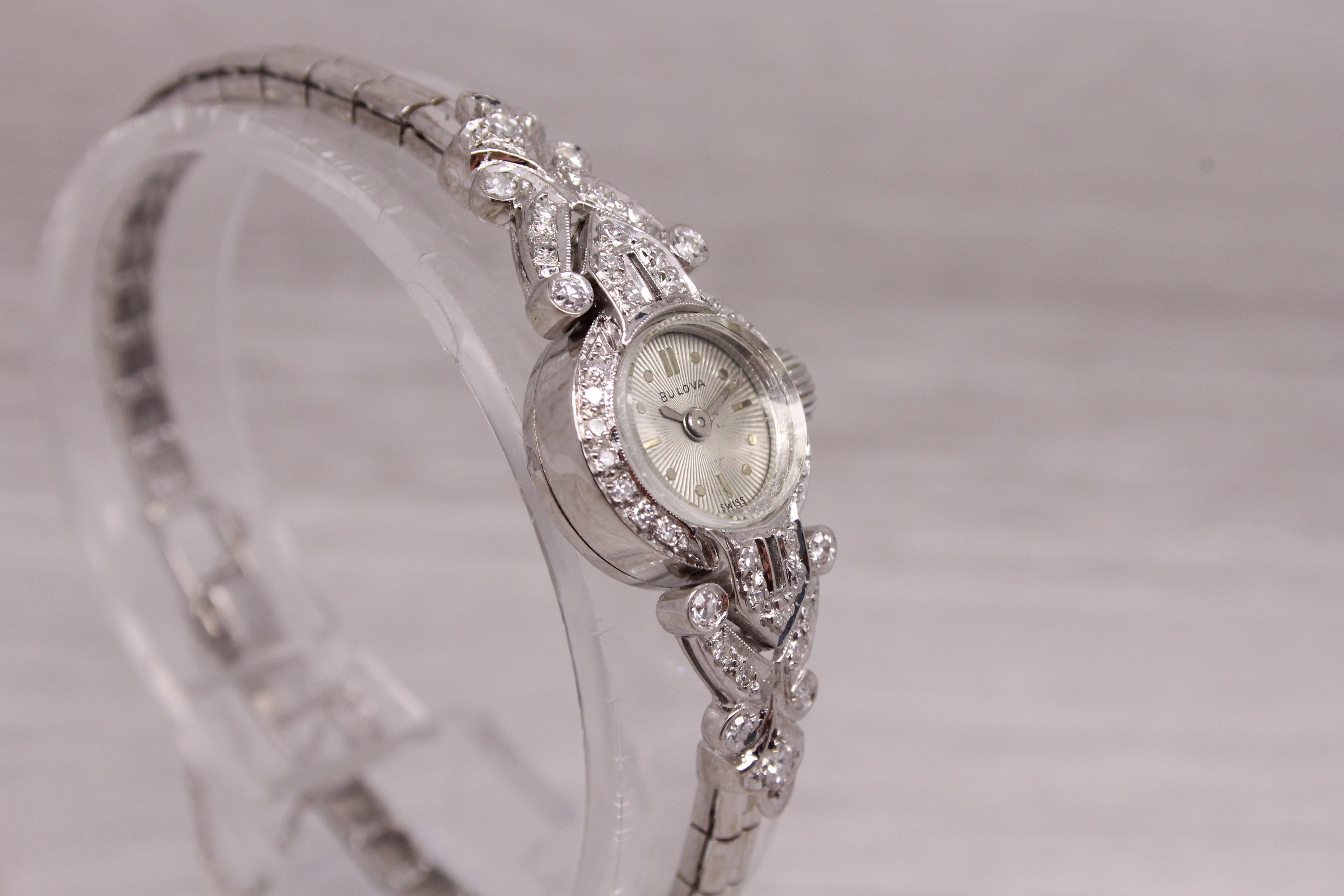 Dark Gray Vintage Bulova Ladies 14k White Gold & Diamond Wrist Watch 0.30ctw - Serviced -