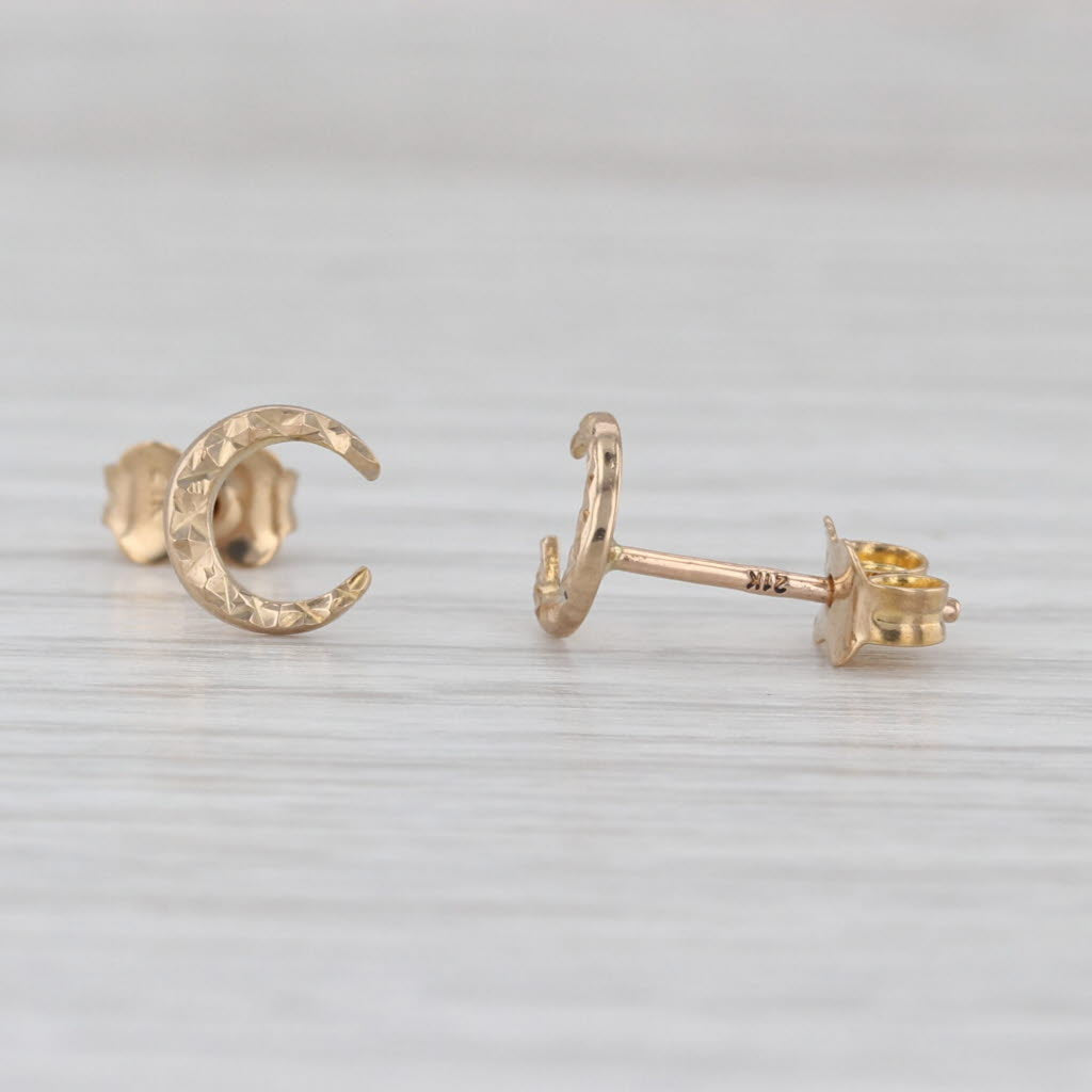 Etched Crescent Moon Earrings 21k Yellow Gold Small Studs