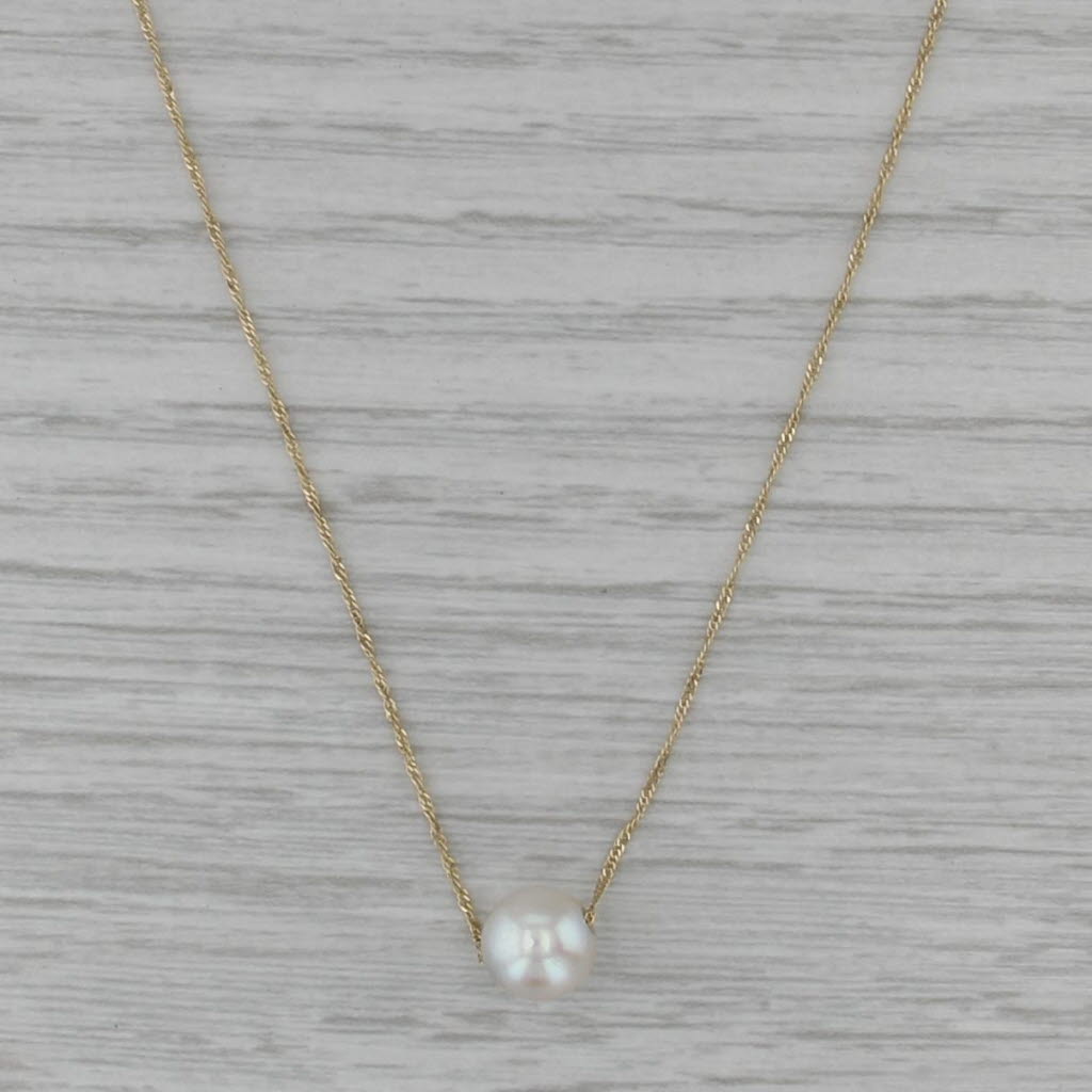 7.5 mm Cultured Pearl Solitaire Bead Necklace 14k Gold 19" Singapore Chain