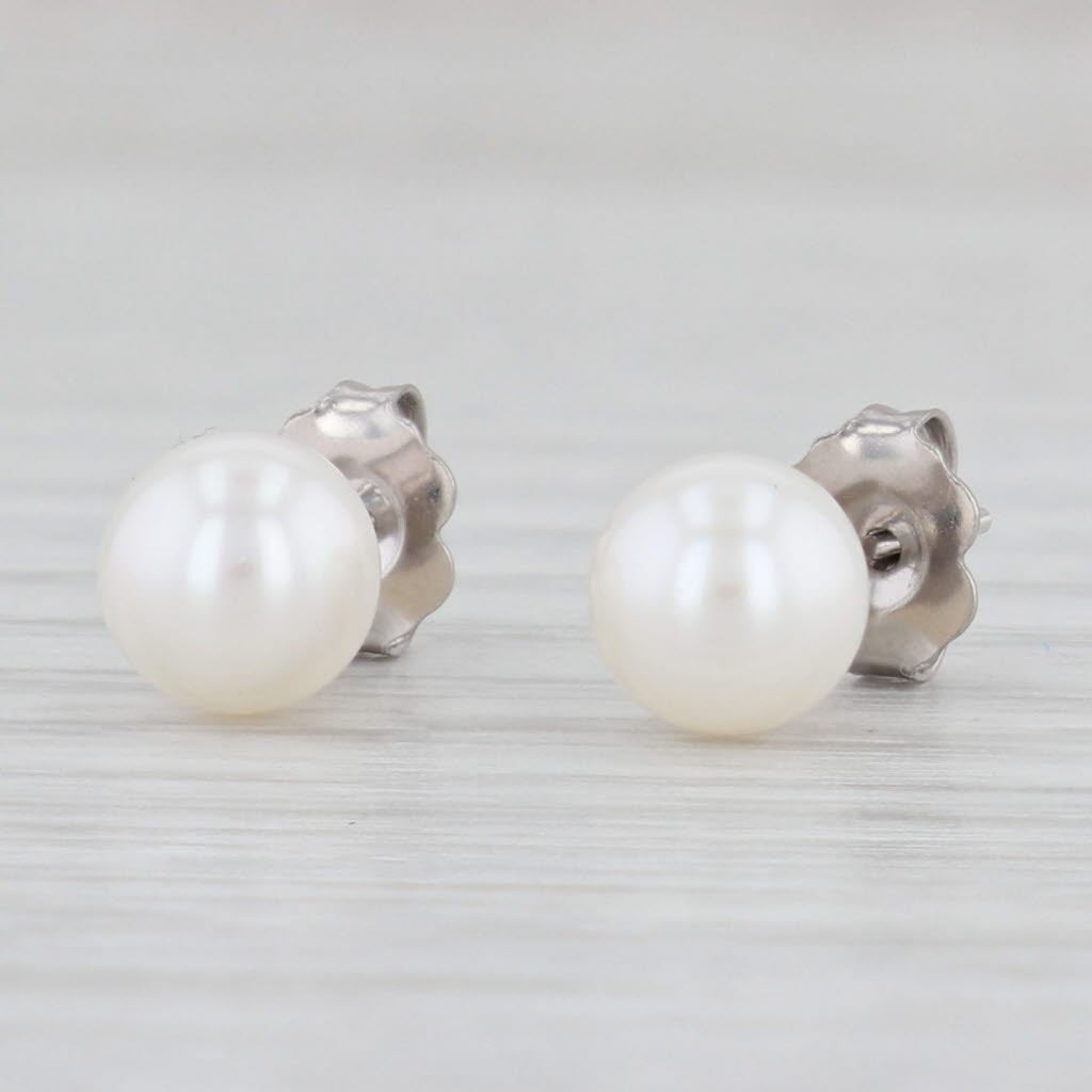 Light Gray New Cultured Pearl Stud Earrings 14k White Gold 6.5mm Round Bead Solitaires