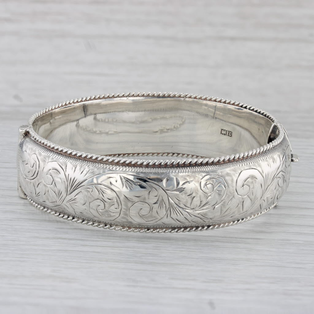 Gray Floral Engraved Hinged Bangle Bracelet Sterling Silver Vintage Birmingham 7.25"