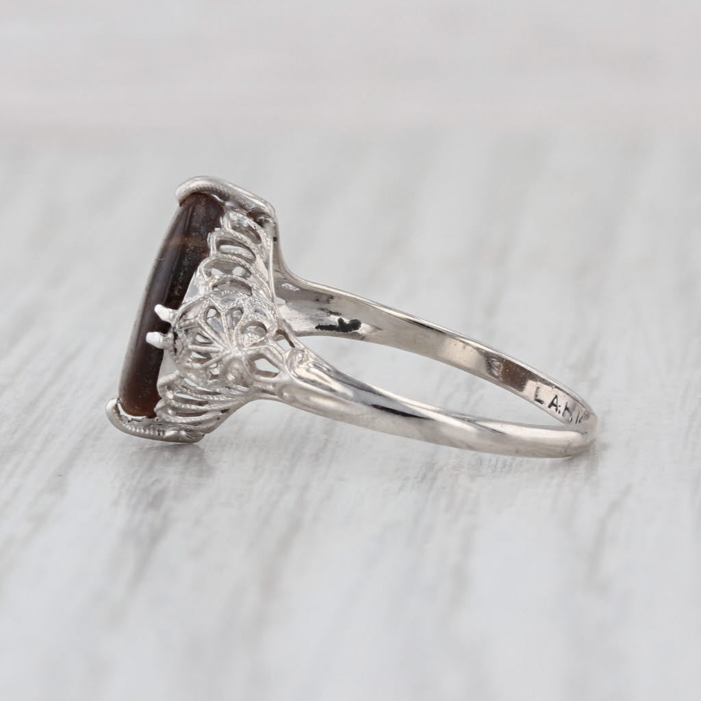 Vintage Tiger's Eye Filigree Ring 14k White Gold Size 6.25