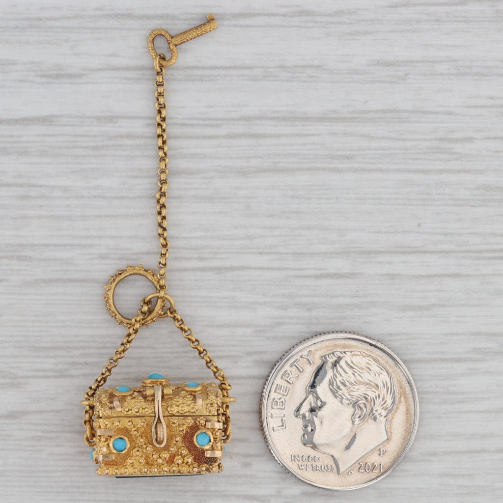 Gray Antique Bloodstone Turquoise Intaglio Treasure Chest Pendant Charm 20k Gold Open