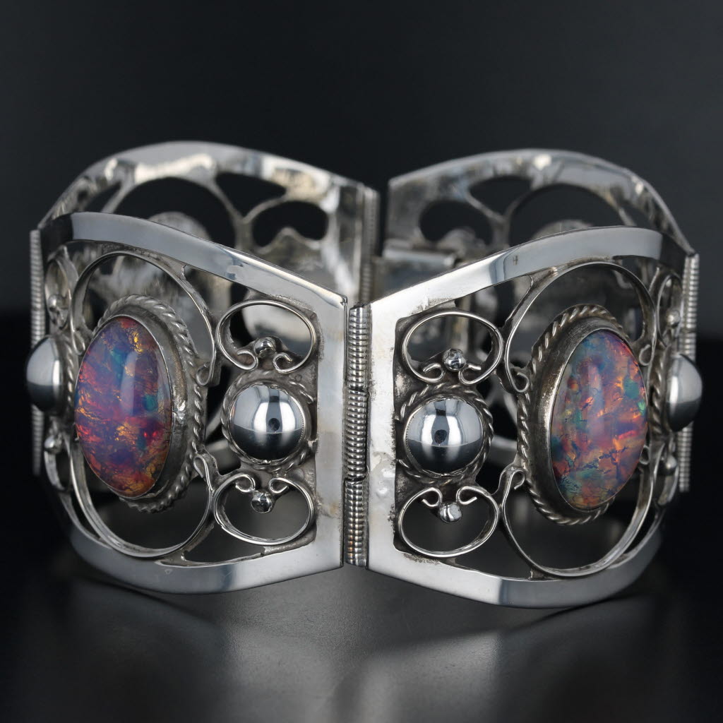 Dark Slate Gray Imitation Opal Glass Statement Bracelet Sterling Silver Vintage Ornate 7.25"
