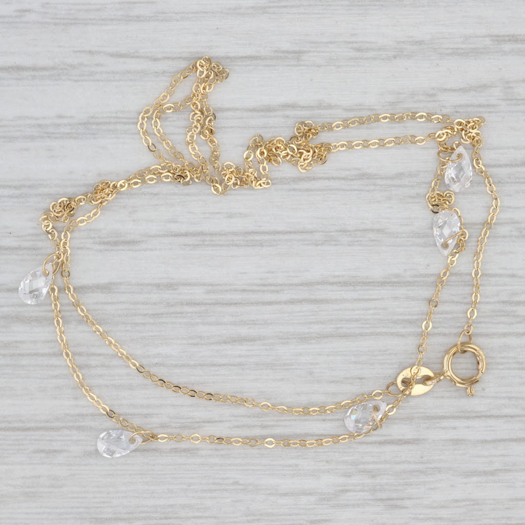 Light Gray New Cubic Zirconia Teardrop Fringe Station Necklace 14k Yellow Gold 18" Chain