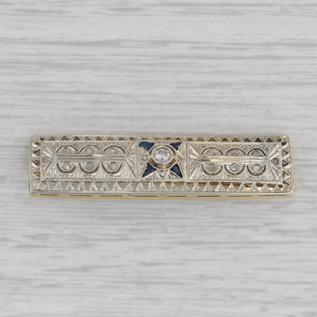 Gray Antique Diamond Blue Glass Bar Brooch Ornate 18k Gold Pin