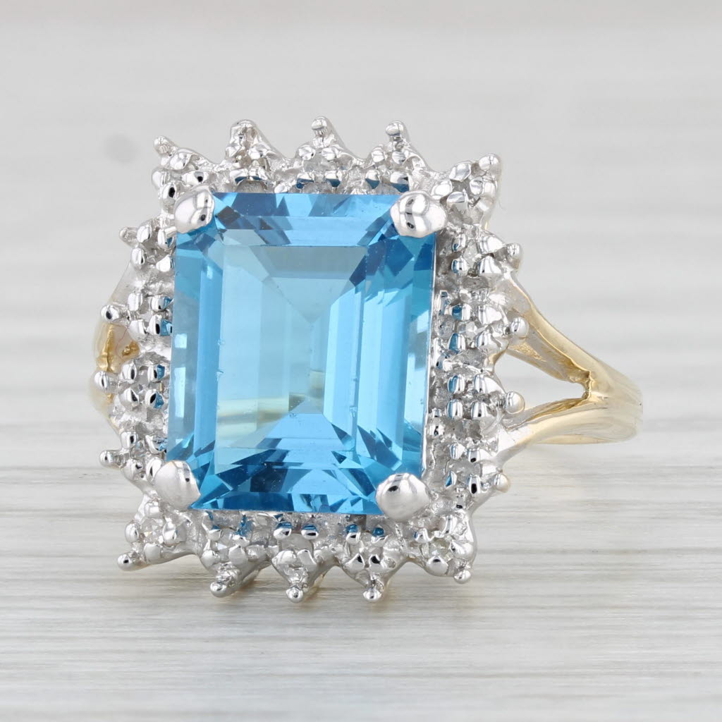 Light Gray 5.88ctw Blue Topaz Diamond Halo Ring 10k Yellow Gold Size 7.75