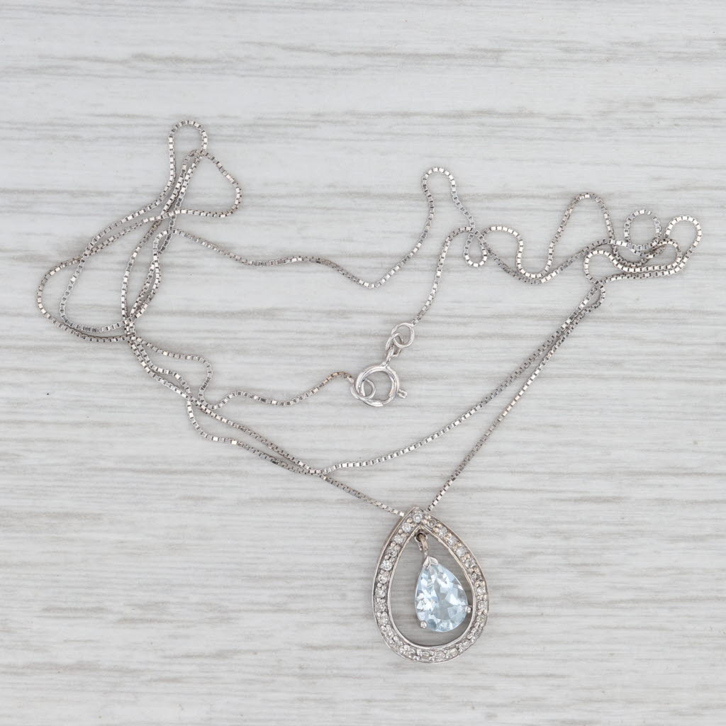 0.70ctw Aquamarine Diamond Teardrop Pendant 14k White Gold 18.25" Box Chain