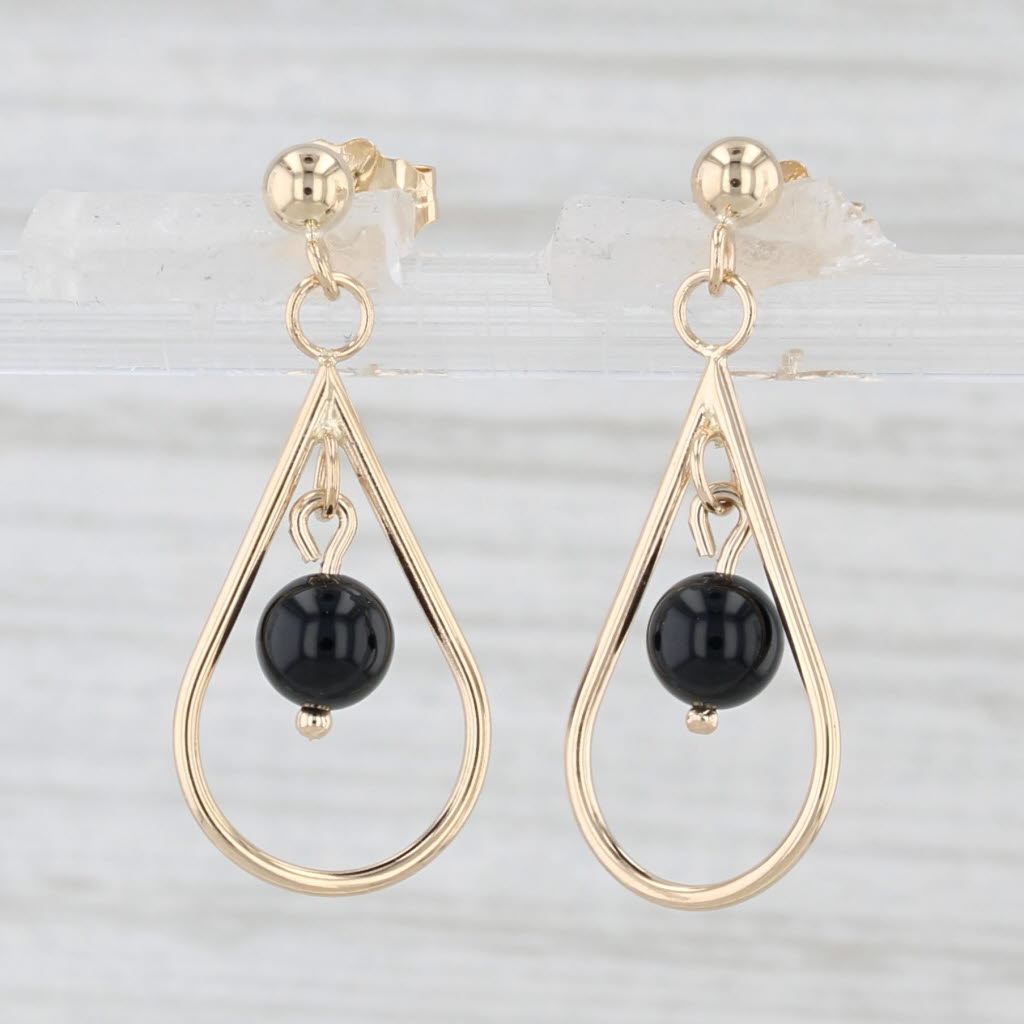 Light Gray Onyx Teardrop Earrings 14k Yellow Gold Pierced Dangles