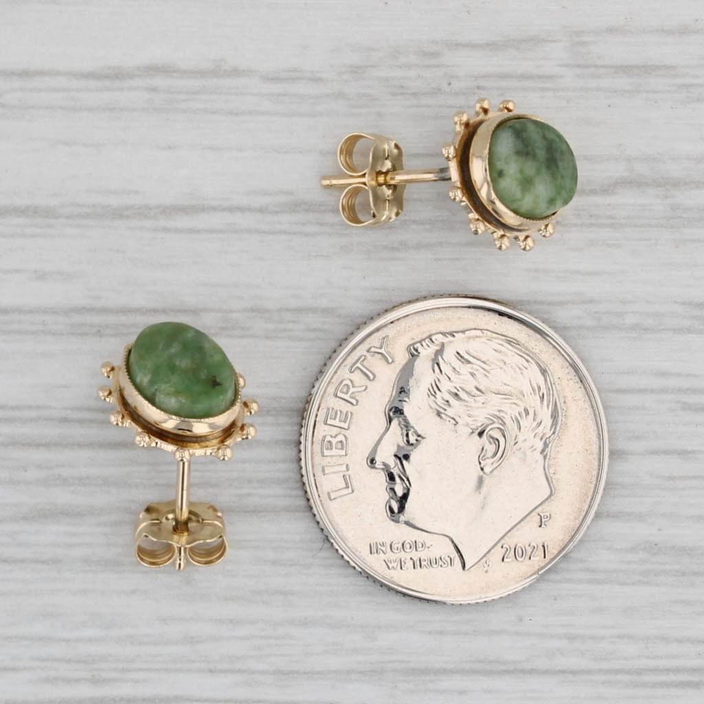 Gray Green Nephrite Jade Stud Earrings 10k Yellow Gold Vintage Oval Solitaires