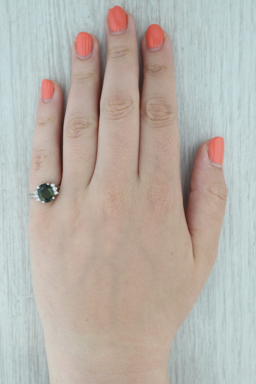 Dark Gray 3.20ctw Oval Green Tourmaline Diamond Ring 14k White Gold Size 7.5