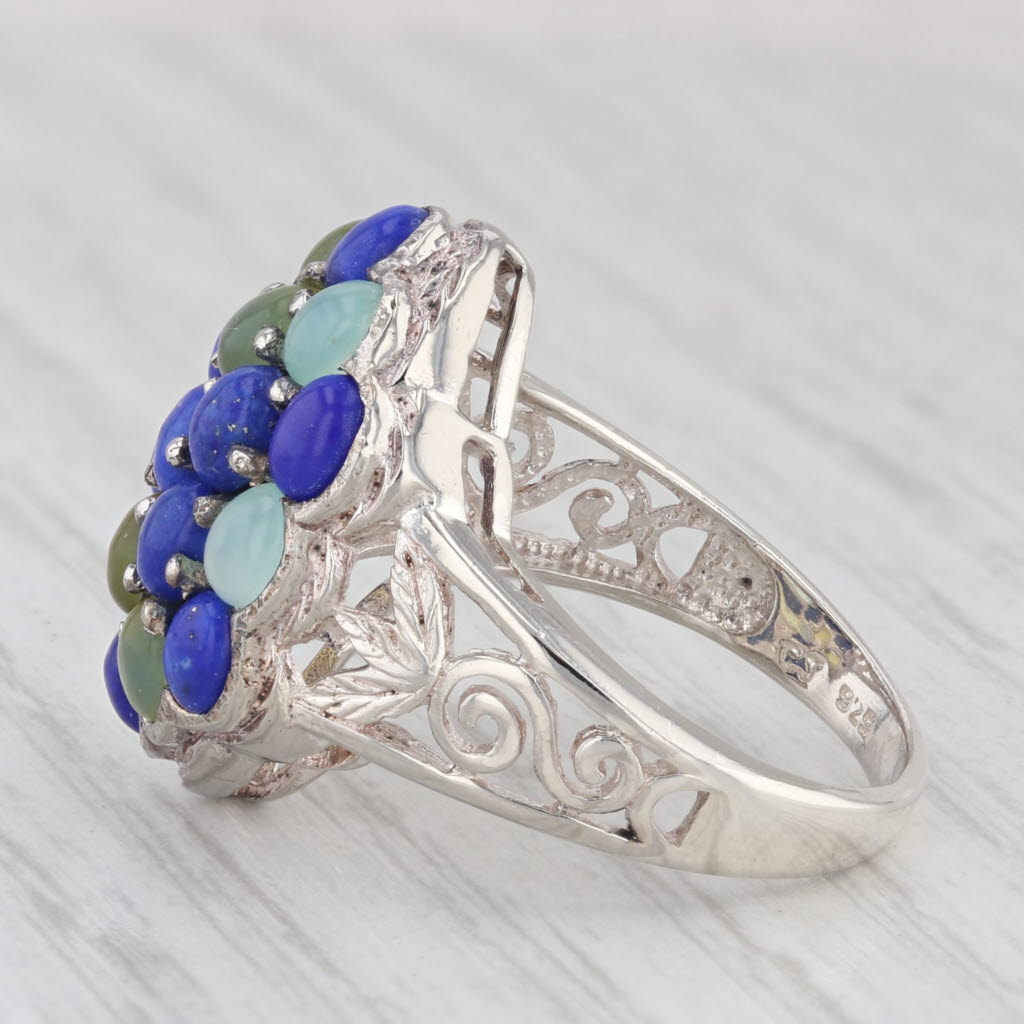 Light Gray Gemstone Cluster Ring Sterling Silver Lapis Lazuli Chalcedony Cabochons Size 6.5